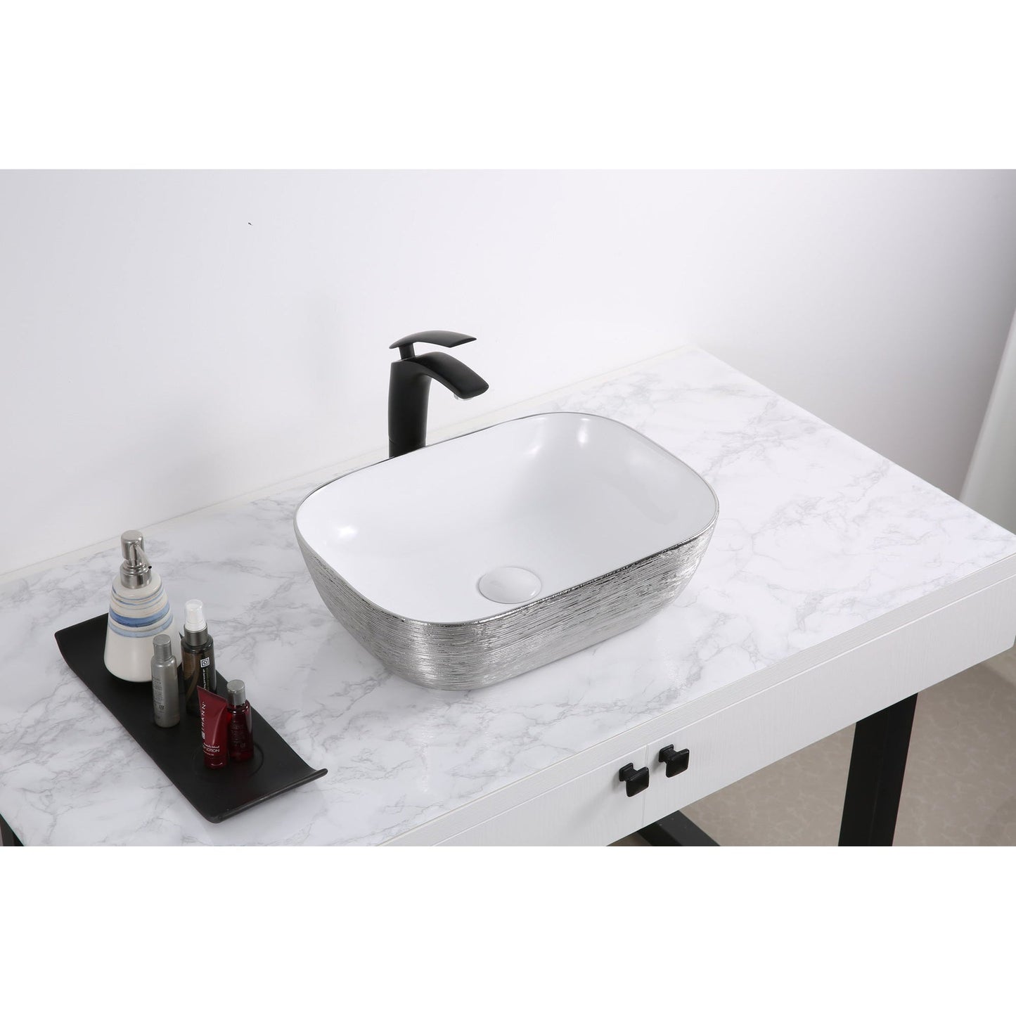 Ruvati Pietra 20" x 16" White Porcelain Ceramic Bathroom Vessel Sink With Silver Decorative Art Above Vanity Counter White Ceramic