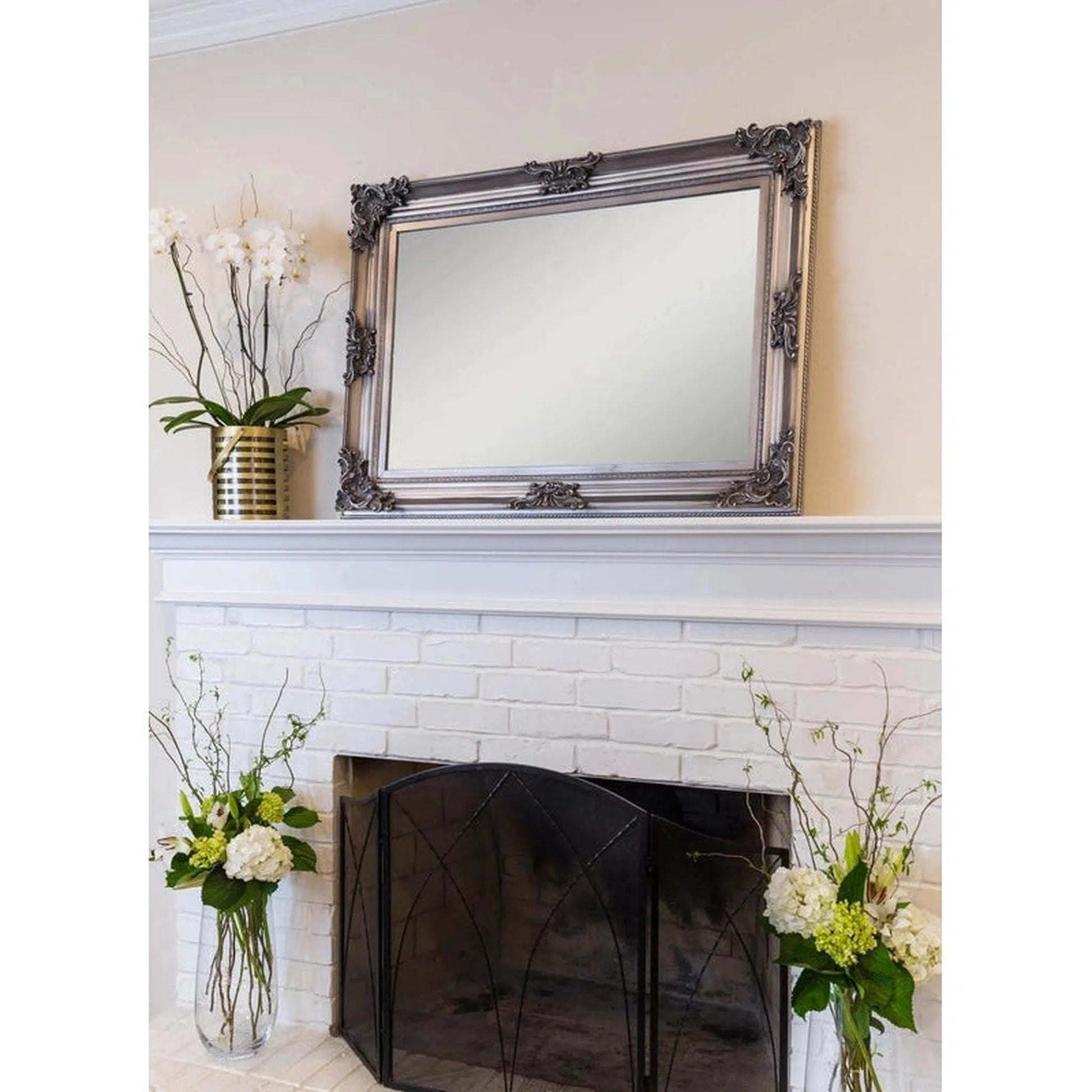 SBC Decor Beaumont 32" x 44" Wall-Mounted Wood Frame Vanity Wall Mirror In Antique Silver Finish