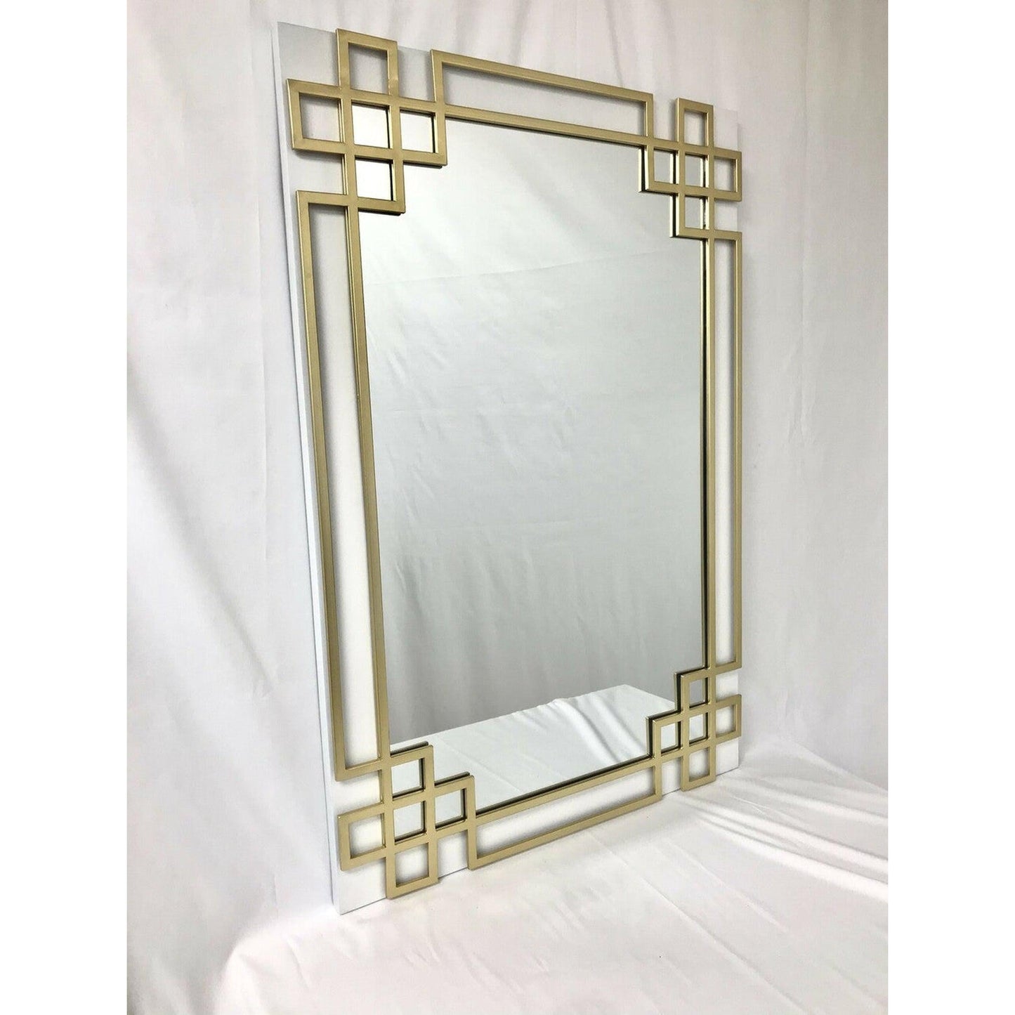 SBC Decor Elegant 28" x 42" Wall-Mounted Wood Frame Dresser Mirror In White with Gold Leaf Iron Overlay Finish