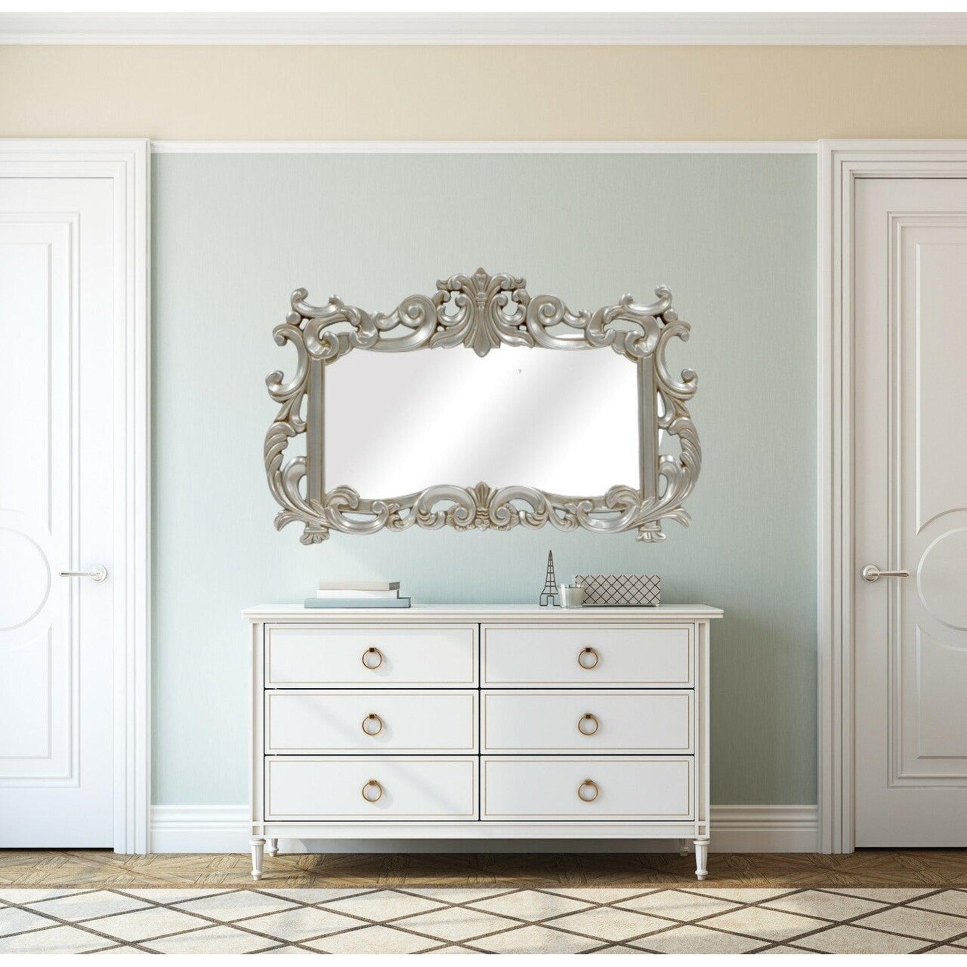 SBC Decor La Rue 46" x 28" Wall-Mounted Light Weight Resin Wall Mirror In Satin Silver Finish