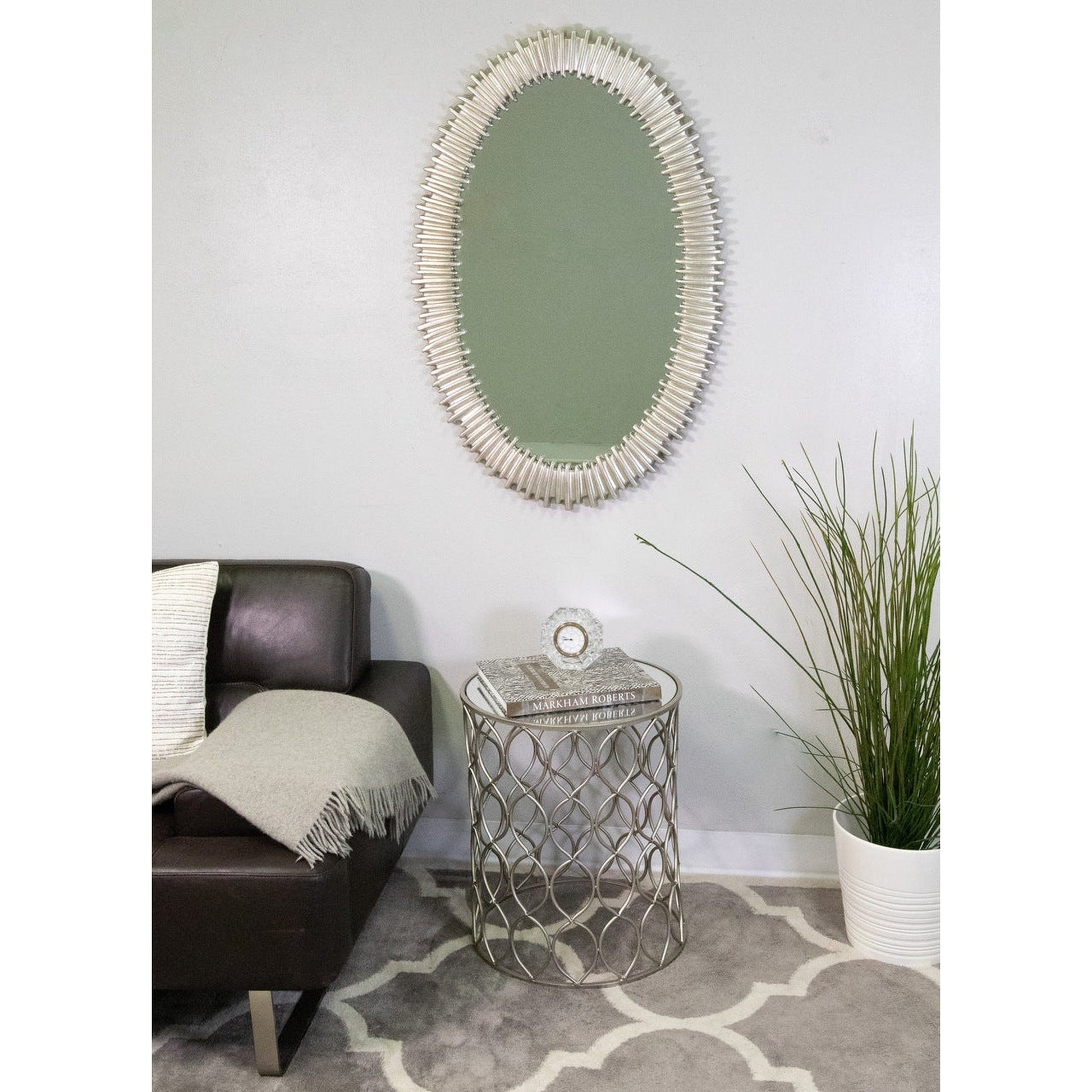 SBC Decor Lea Oval 26" x 40" Wall-Mounted Light Weight Resin Accent Wall Mirror In Brushed Silver Finish