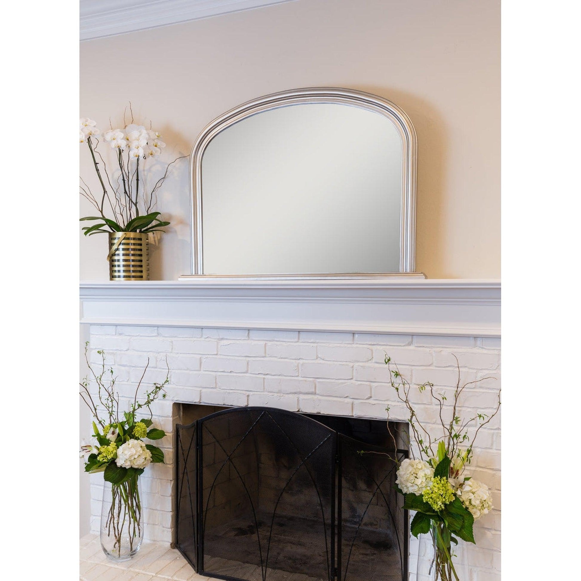 SBC Decor Lyon 31" x 47" Wall-Mounted Arched Wood Frame Dresser Wall Mirror In Brushed Silver Finish
