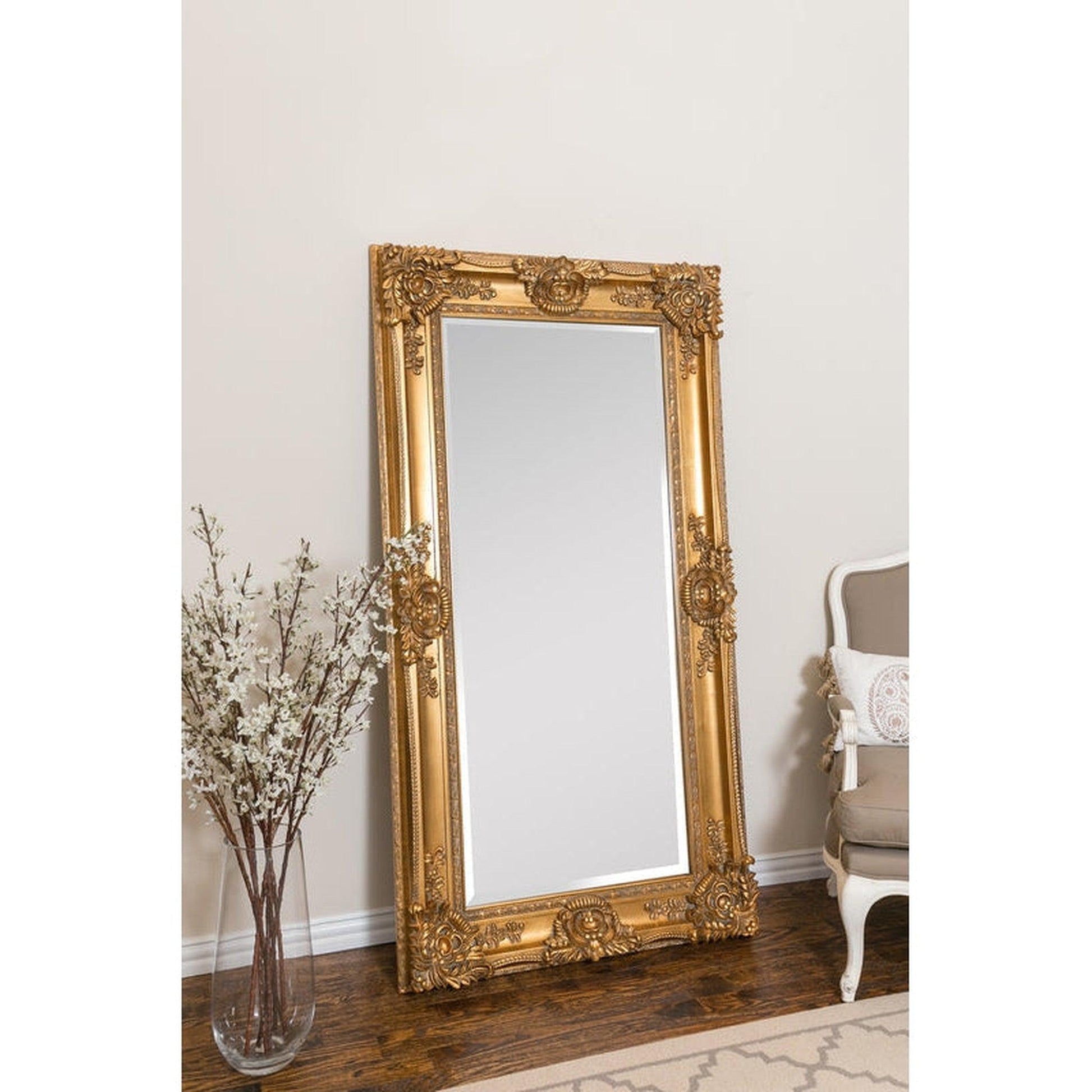 SBC Decor Mayfair Leaner 35" x 67" Wall-Mounted Wood Frame Dresser Mirror In Antique Gold Finish