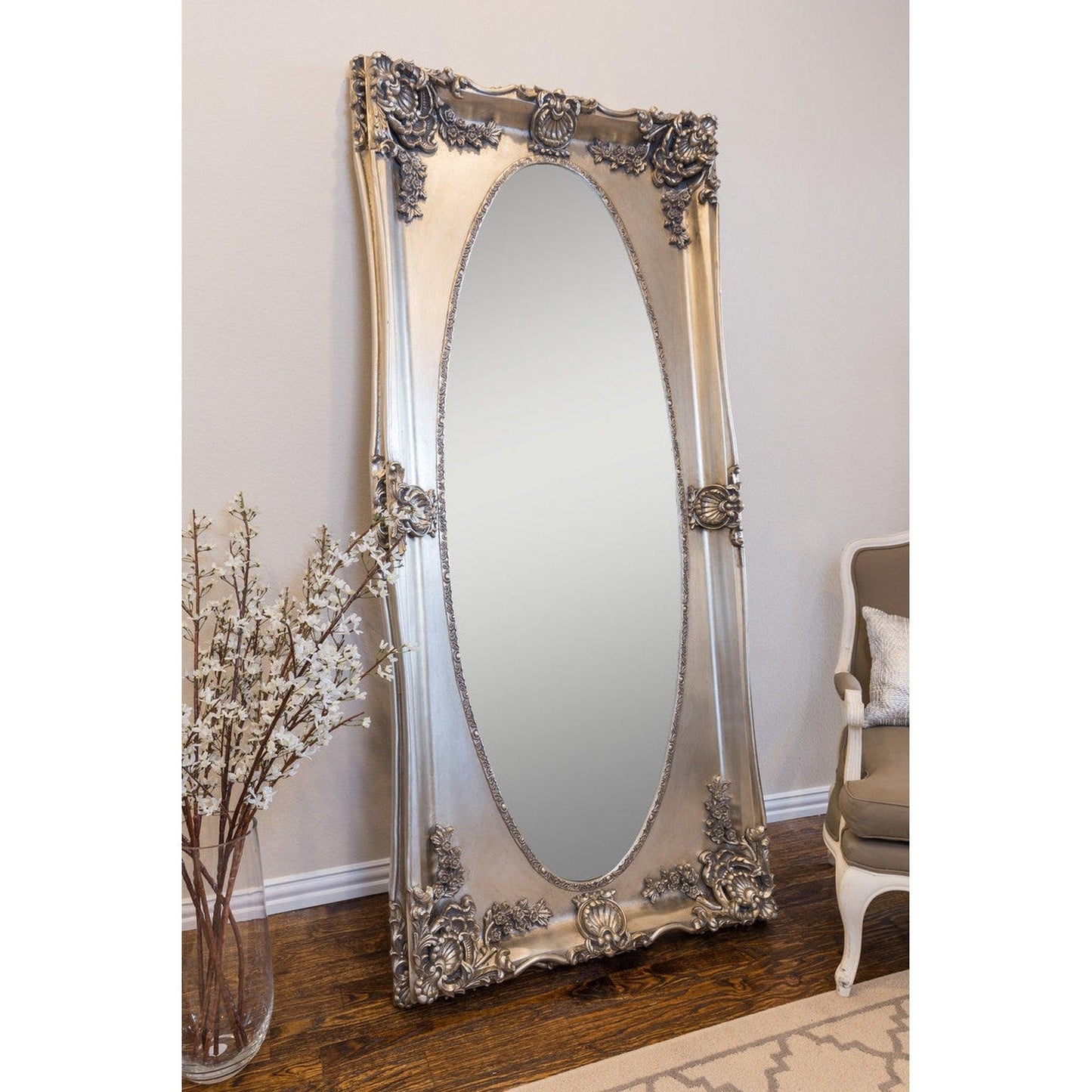 SBC Decor Park Avenue 36" x 79" Wall-Mounted Wood Frame Wall Mirror In Satin Silver Finish
