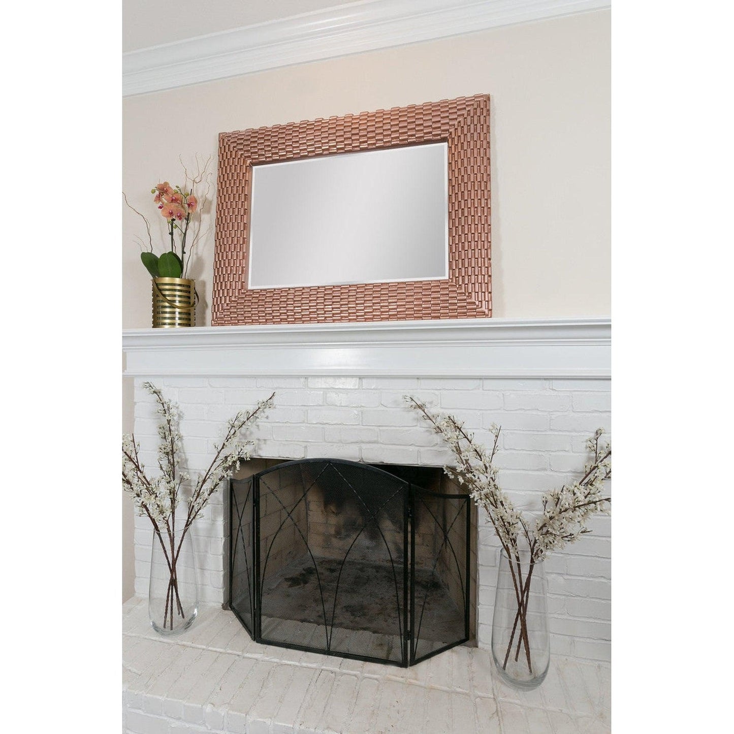 SBC Decor Rose 49" x 37" Wall-Mounted Basket Weave Texture Wood Frame Dresser Large Wall Mirror In Rose Gold Finish
