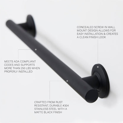 Seachrome Coronado 24" Matte Black Powder Coated Stainless Steel Wall Mount Bathroom Shower Grab Bar, 1.25" Diameter, ADA Compliant