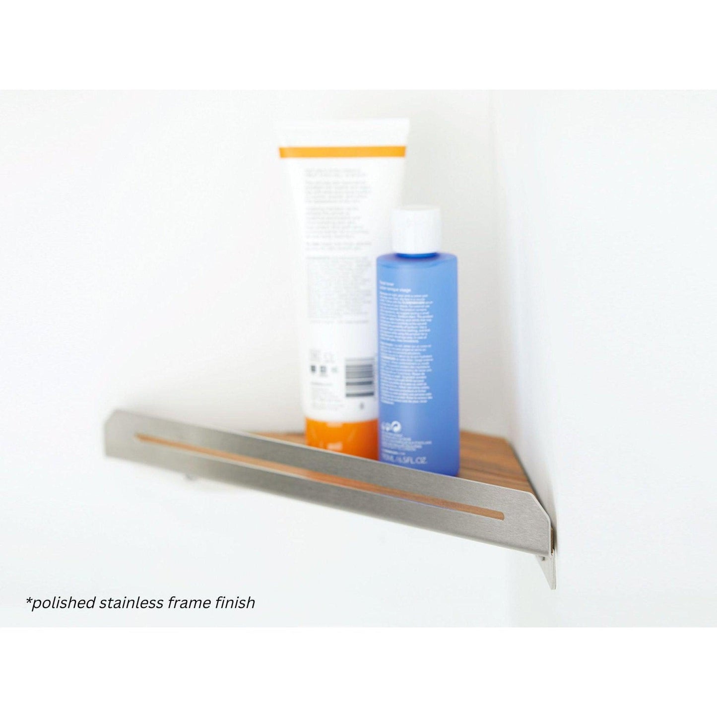 Seachrome Coronado 700 Series 14" x 8" Corner Shower Shelf With Natural Teak Wood Insert and Biscuit Powder Coated Stainless Steel Frame