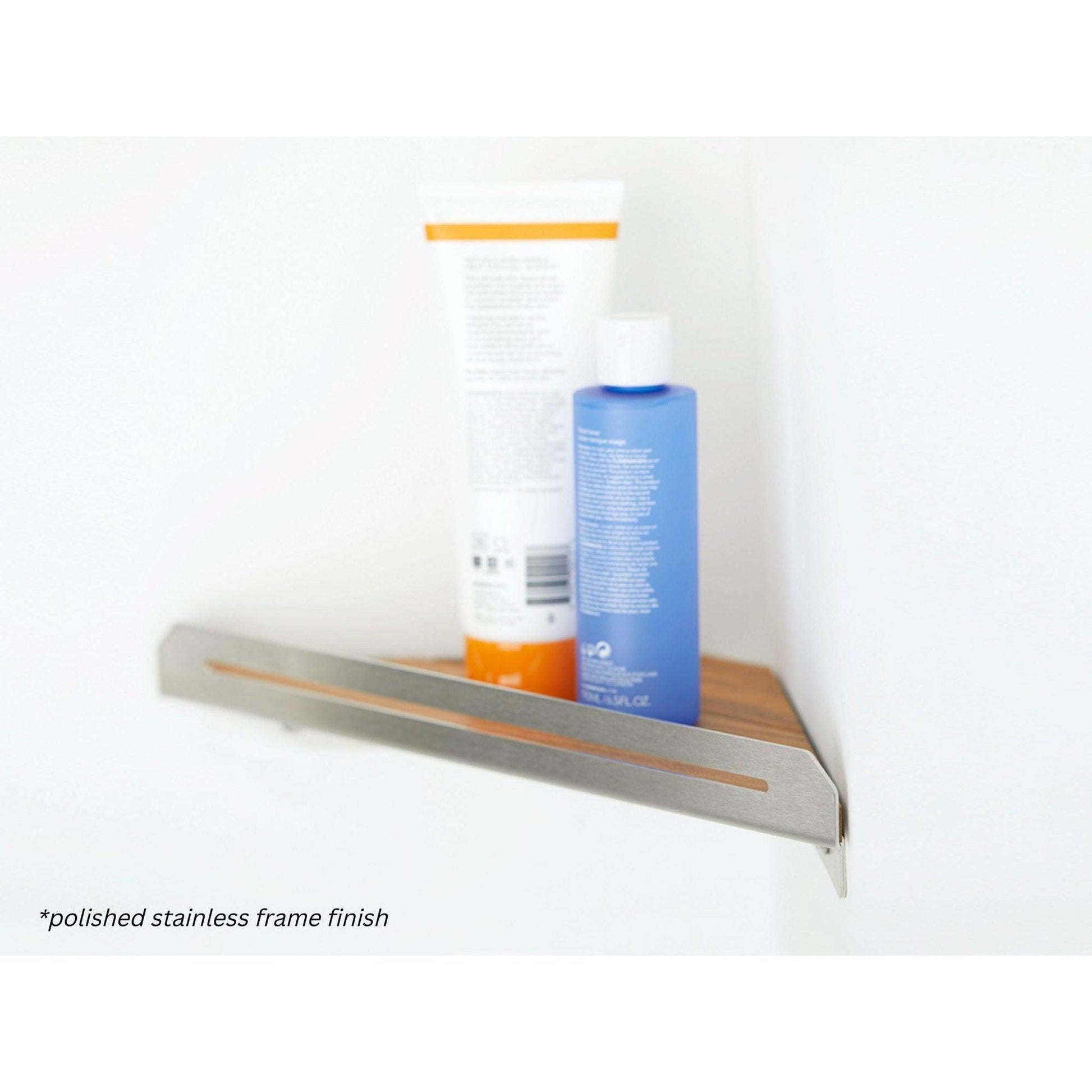 Seachrome Coronado 700 Series 14" x 8" Corner Shower Shelf With Natural Teak Wood Insert and Black Powder Coated Stainless Steel Frame
