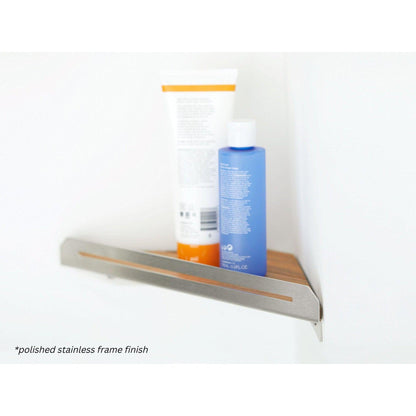 Seachrome Coronado 700 Series 14" x 8" Corner Shower Shelf With Natural Teak Wood Insert and Matte Black Powder Coated Stainless Steel Frame