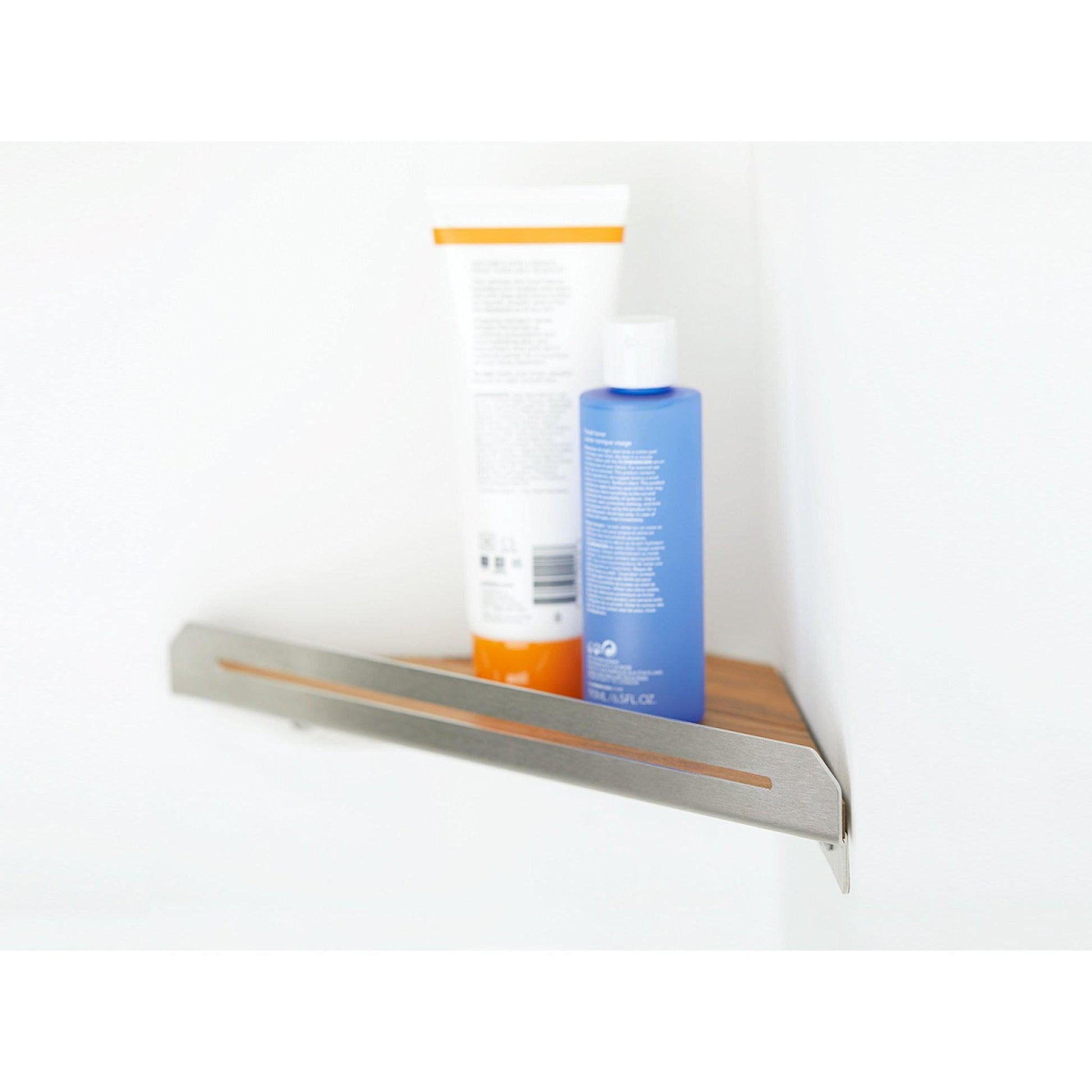 Seachrome Coronado 700 Series 14" x 8" Corner Shower Shelf With Natural Teak Wood Insert and Polished Stainless Steel Frame