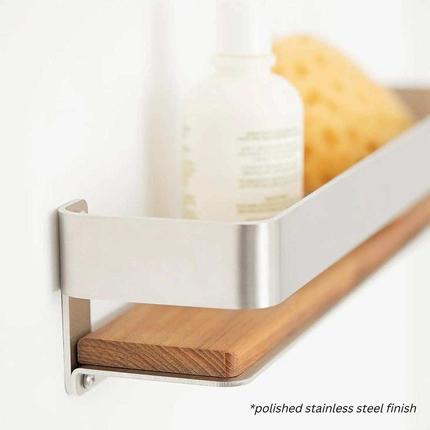 Seachrome Coronado 700 Series 18" x 4" Rectangular Shower Shelf With Rail in Almond Powder Coated Stainless Steel and Natural Teak Wood Insert