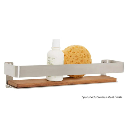 Seachrome Coronado 700 Series 18" x 4" Rectangular Shower Shelf With Rail in Almond Wrinkle Powder Coated Stainless Steel and Natural Teak Wood Insert