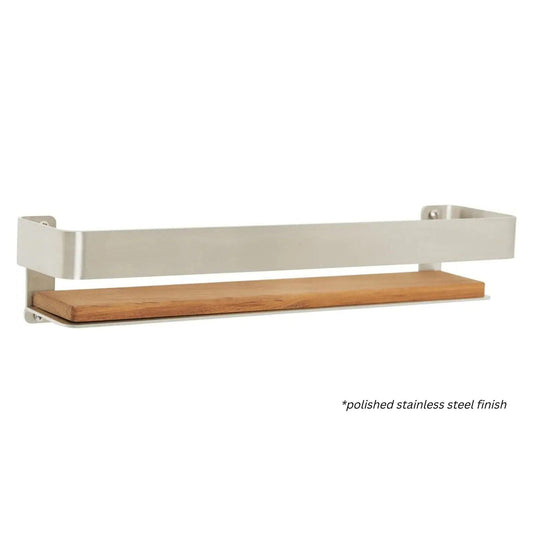 Seachrome Coronado 700 Series 18" x 4" Rectangular Shower Shelf With Rail in Almond Wrinkle Powder Coated Stainless Steel and Natural Teak Wood Insert