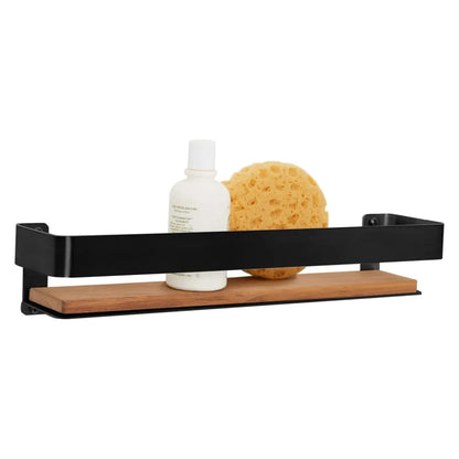 Seachrome Coronado 700 Series 18" x 4" Rectangular Shower Shelf With Rail in Matte Black Powder Coated Stainless Steel and Natural Teak Wood Insert