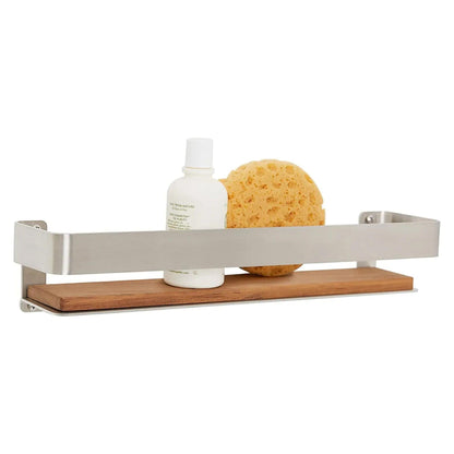 Seachrome Coronado 700 Series 18" x 4" Rectangular Shower Shelf With Rail in Polished Stainless Steel and Natural Teak Wood Insert