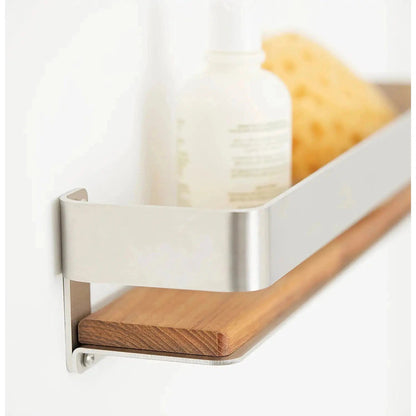 Seachrome Coronado 700 Series 18" x 4" Rectangular Shower Shelf With Rail in Polished Stainless Steel and Natural Teak Wood Insert