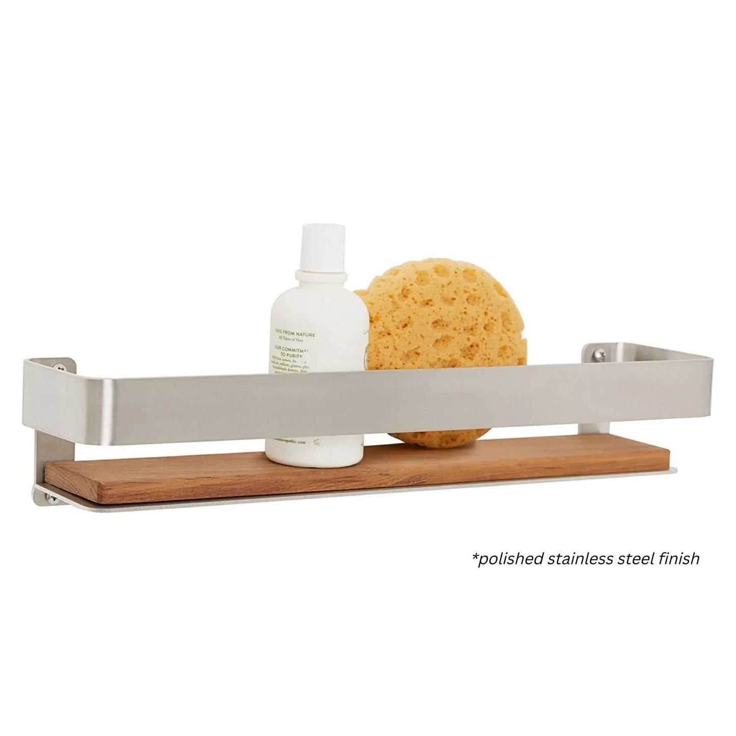 Seachrome Coronado 700 Series 18" x 4" Rectangular Shower Shelf With Rail in Satin Brass Powder Coated Finish Stainless Steel and Natural Teak Wood Insert