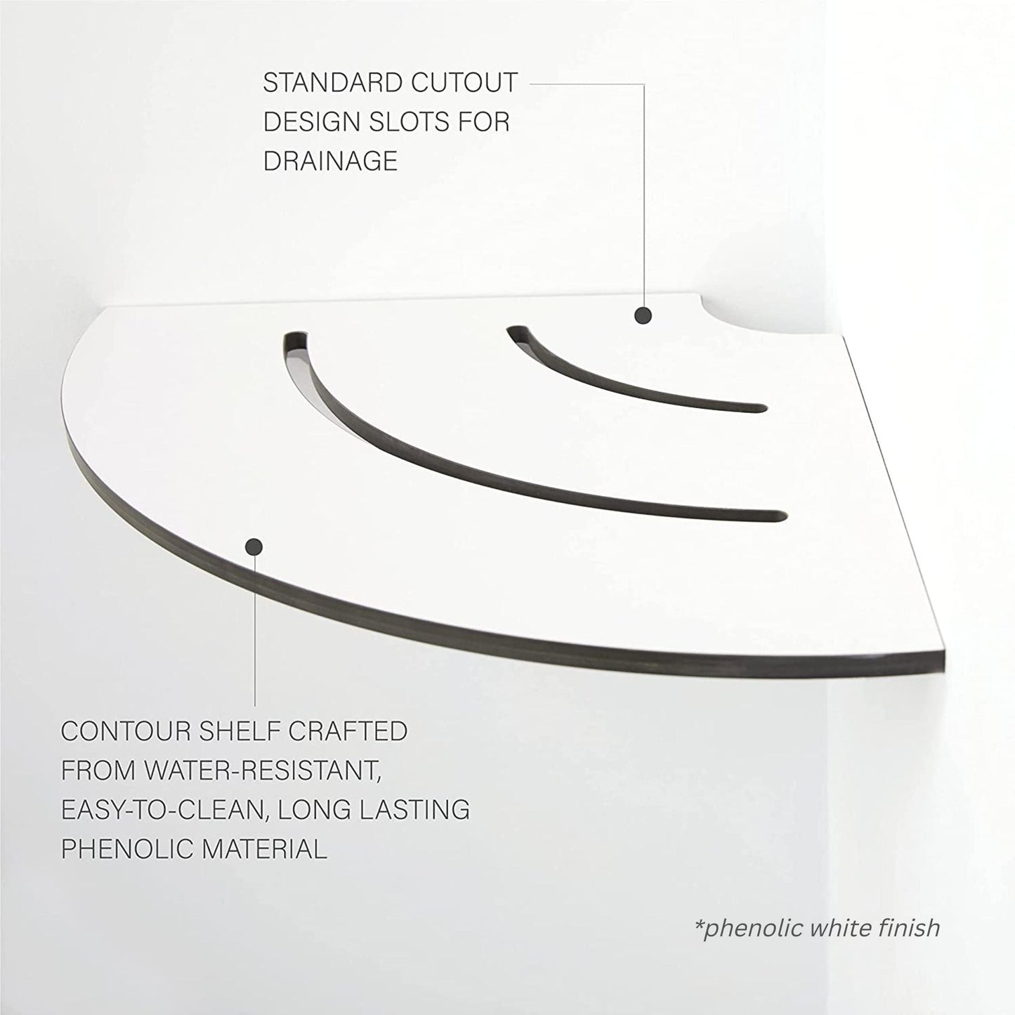 Seachrome Lifestyle and Wellness 12" x 9" Contour Shower Shelf, One-Piece Solid Phenolic Black Stainless Finish