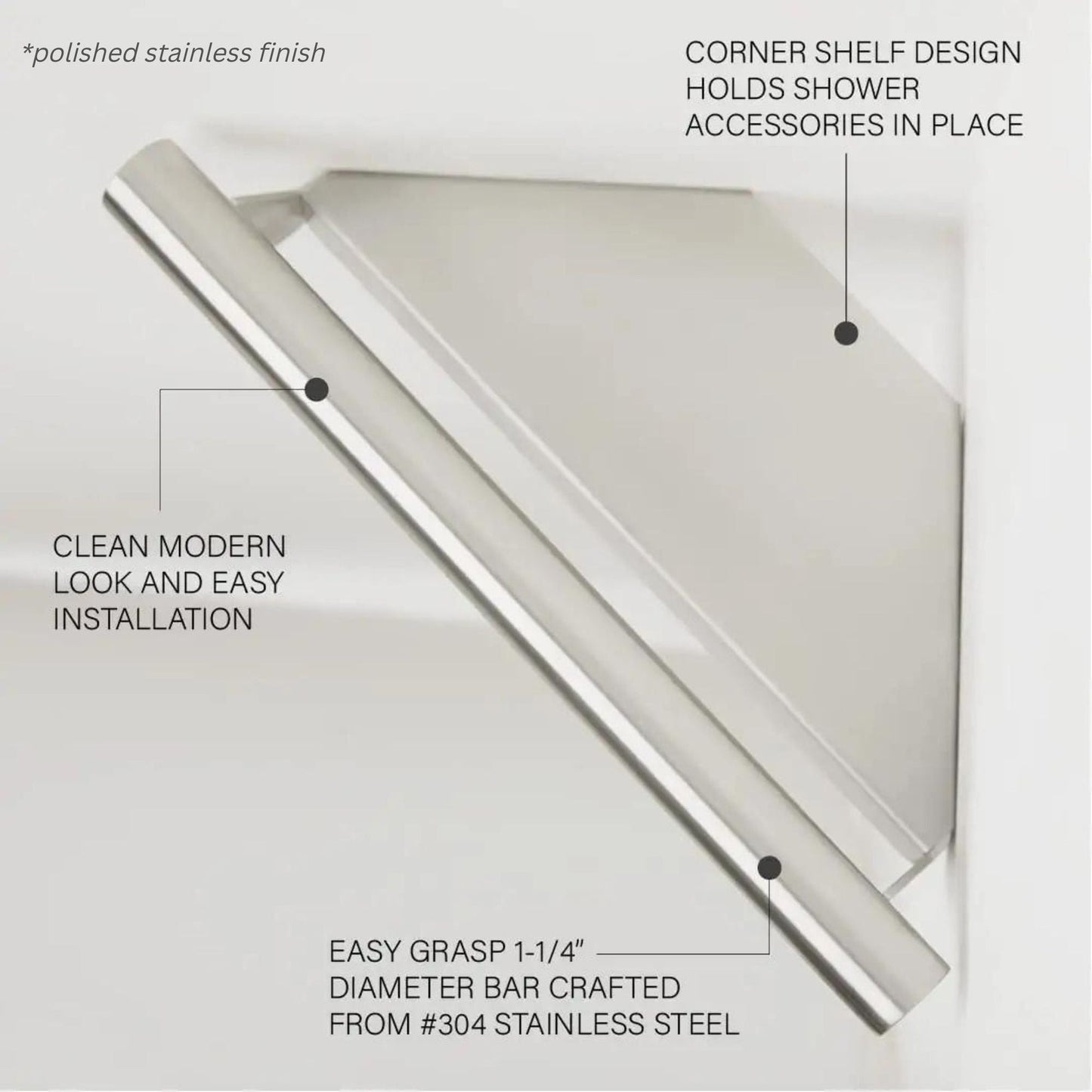 Seachrome Lifestyle and Wellness Series 14" x 8.5" Corner Shower Shelf With Handle in Satin Stainless Finish