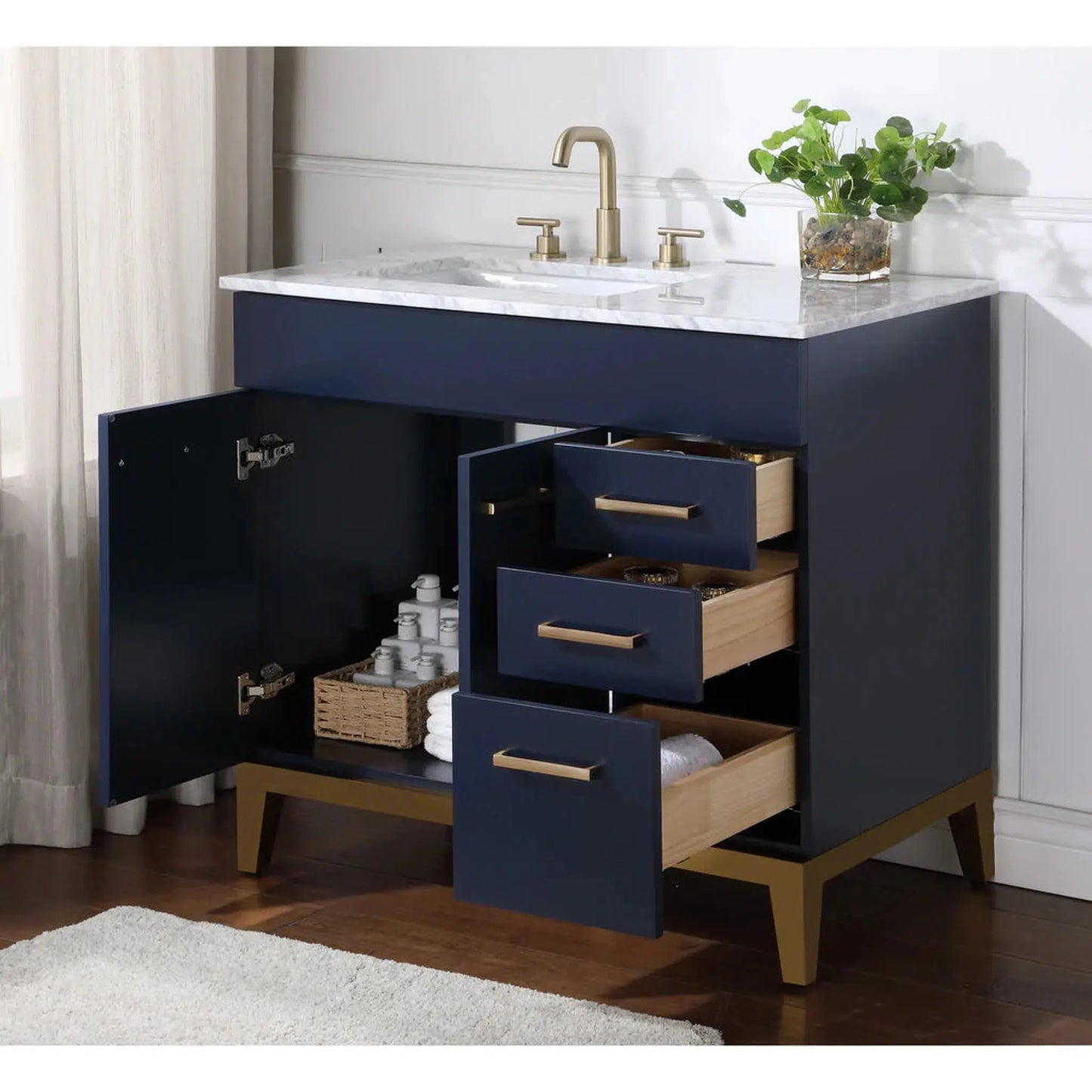 Stufurhome Alisson 36" Dark Blue Freestanding Bathroom Vanity with Single Sink, Carrara White Marble Top, 3 Drawers, 2 Doors and Widespread Faucet Holes