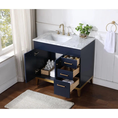 Stufurhome Alisson 36" Dark Blue Freestanding Bathroom Vanity with Single Sink, Carrara White Marble Top, 3 Drawers, 2 Doors and Widespread Faucet Holes