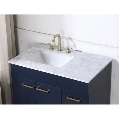 Stufurhome Alisson 36" Dark Blue Freestanding Bathroom Vanity with Single Sink, Carrara White Marble Top, 3 Drawers, 2 Doors and Widespread Faucet Holes