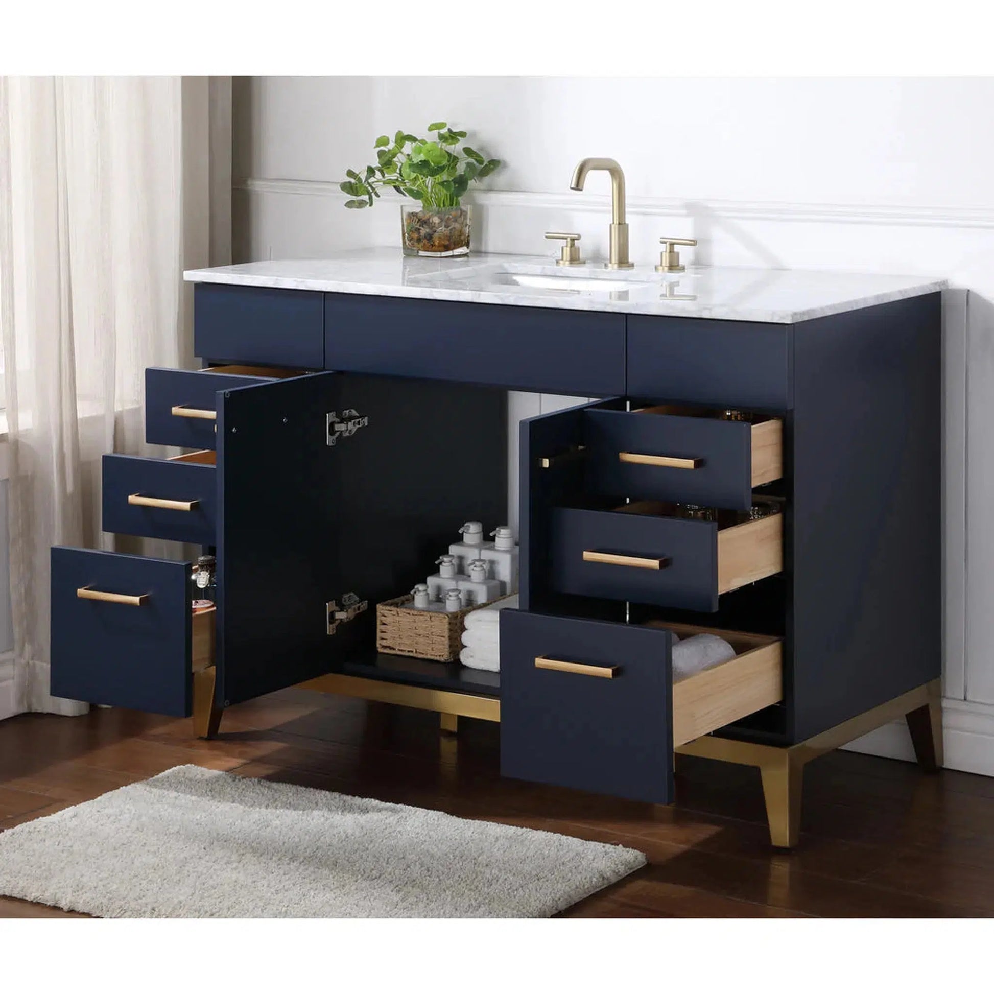 Stufurhome Alisson 48" Dark Blue Freestanding Bathroom Vanity with Single Sink, Carrara White Marble Top, 6 Drawers, 2 Doors and Widespread Faucet Holes