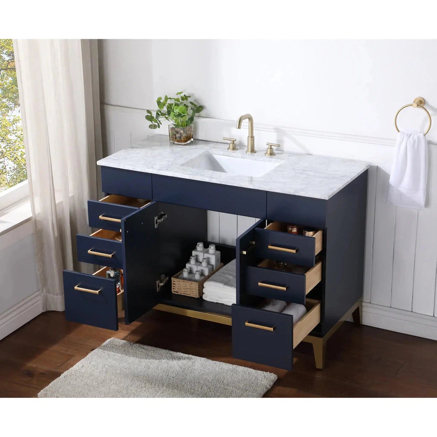 Stufurhome Alisson 48" Dark Blue Freestanding Bathroom Vanity with Single Sink, Carrara White Marble Top, 6 Drawers, 2 Doors and Widespread Faucet Holes