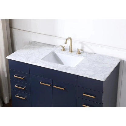 Stufurhome Alisson 48" Dark Blue Freestanding Bathroom Vanity with Single Sink, Carrara White Marble Top, 6 Drawers, 2 Doors and Widespread Faucet Holes