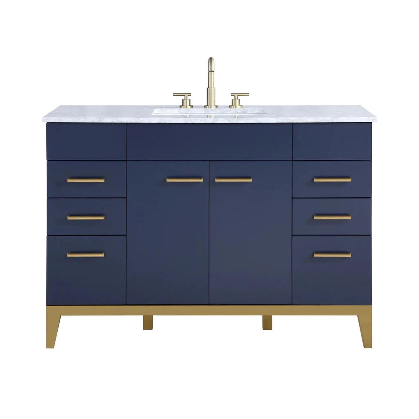 Stufurhome Alisson 48" Dark Blue Freestanding Bathroom Vanity with Single Sink, Carrara White Marble Top, 6 Drawers, 2 Doors and Widespread Faucet Holes