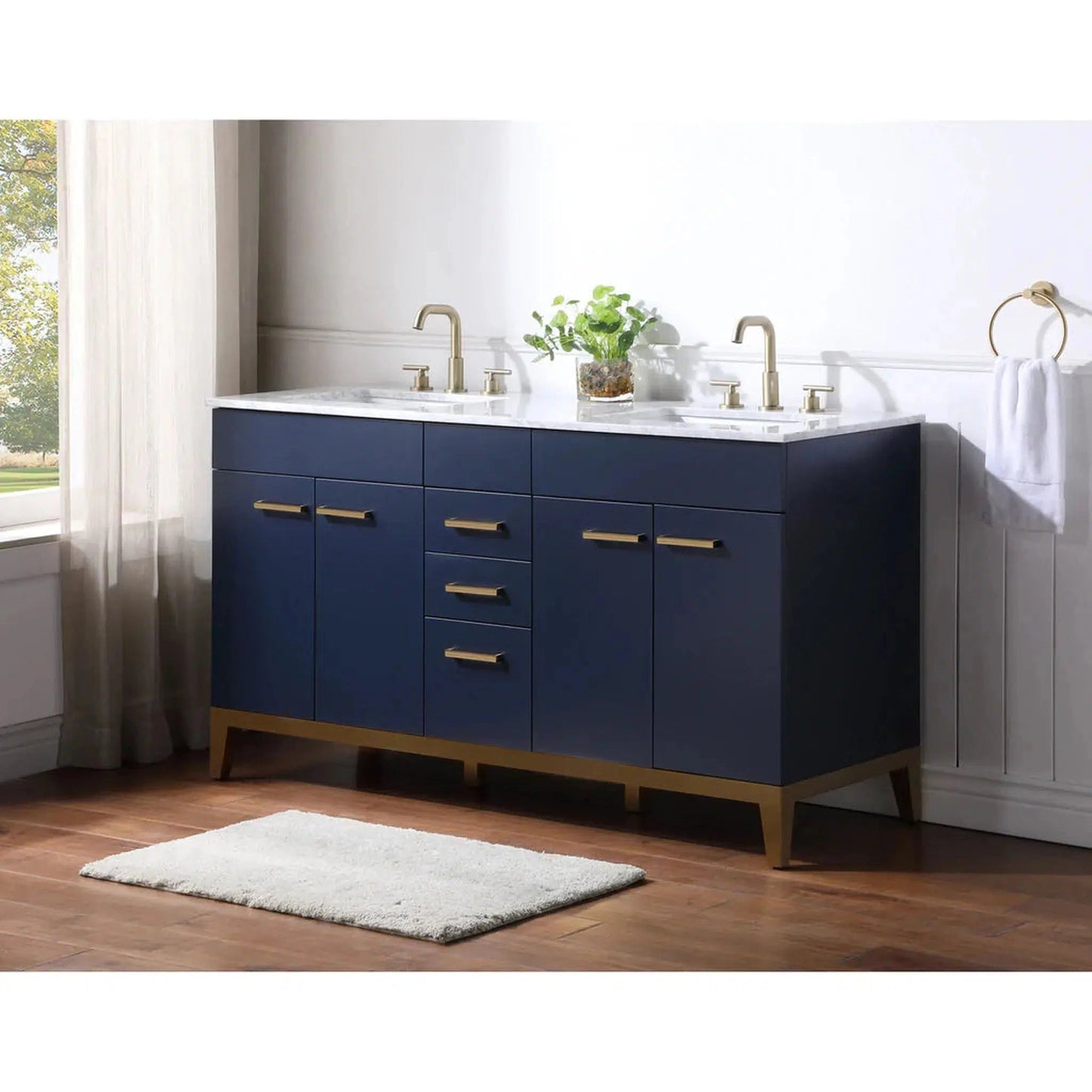 Stufurhome Alisson 60" Dark Blue Freestanding Bathroom Vanity with Double Sink, Carrara White Marble Top, 3 Drawers, 4 Doors and Widespread Faucet Holes