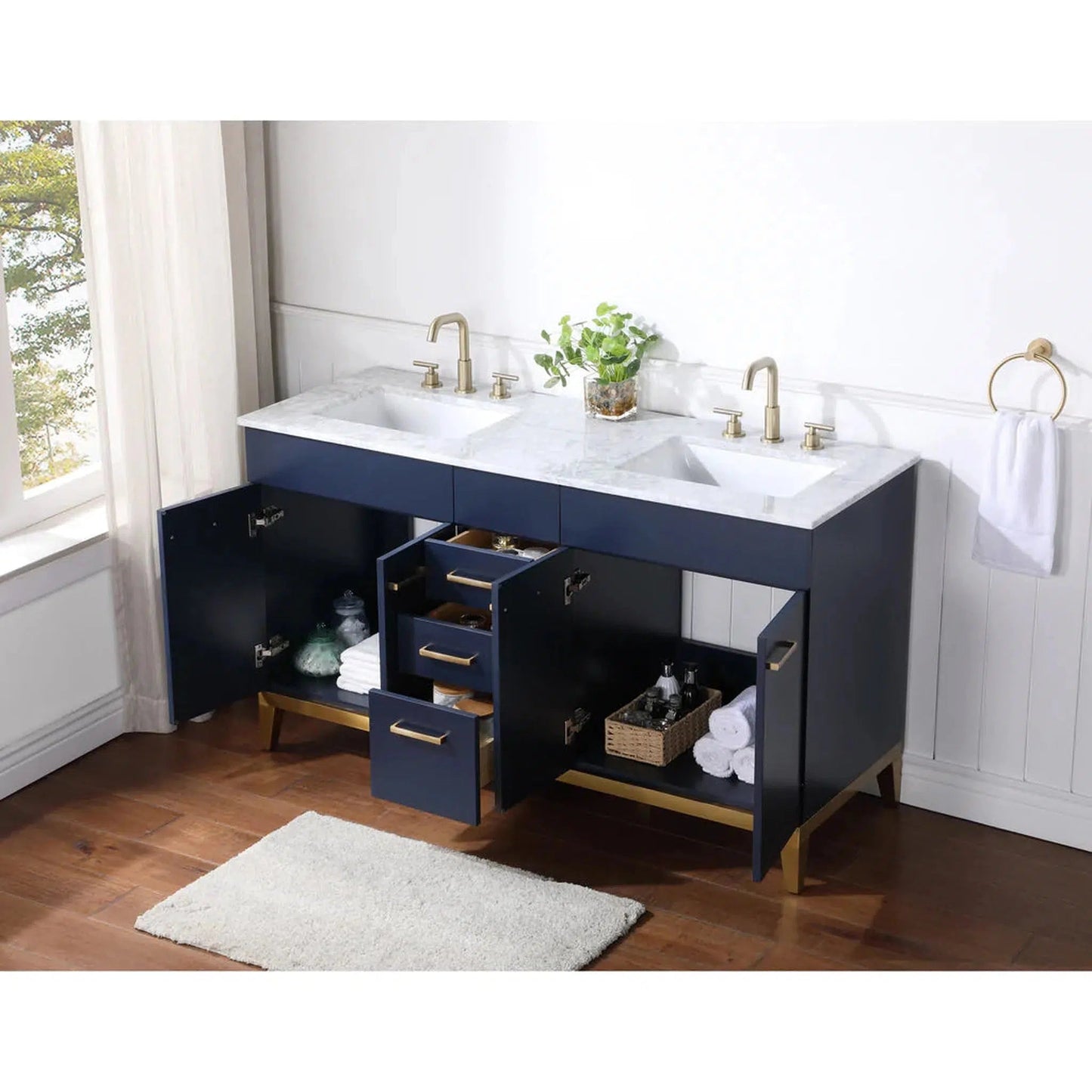 Stufurhome Alisson 60" Dark Blue Freestanding Bathroom Vanity with Double Sink, Carrara White Marble Top, 3 Drawers, 4 Doors and Widespread Faucet Holes