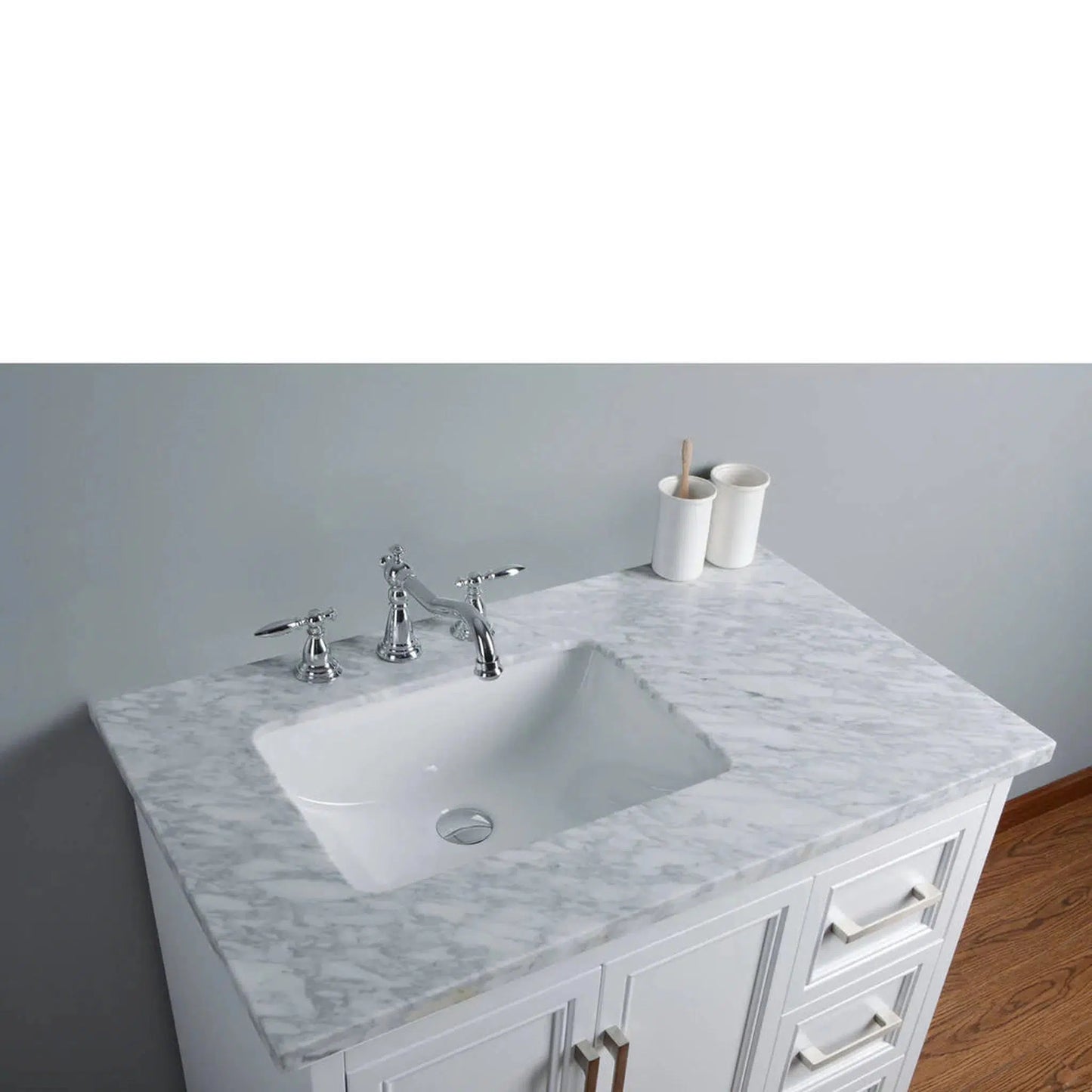 Stufurhome Ariane 36" White Marble Countertop Vanity Cabinet With Single Sink, 3 Drawers, 2 Doors and Widespread Faucet Holes