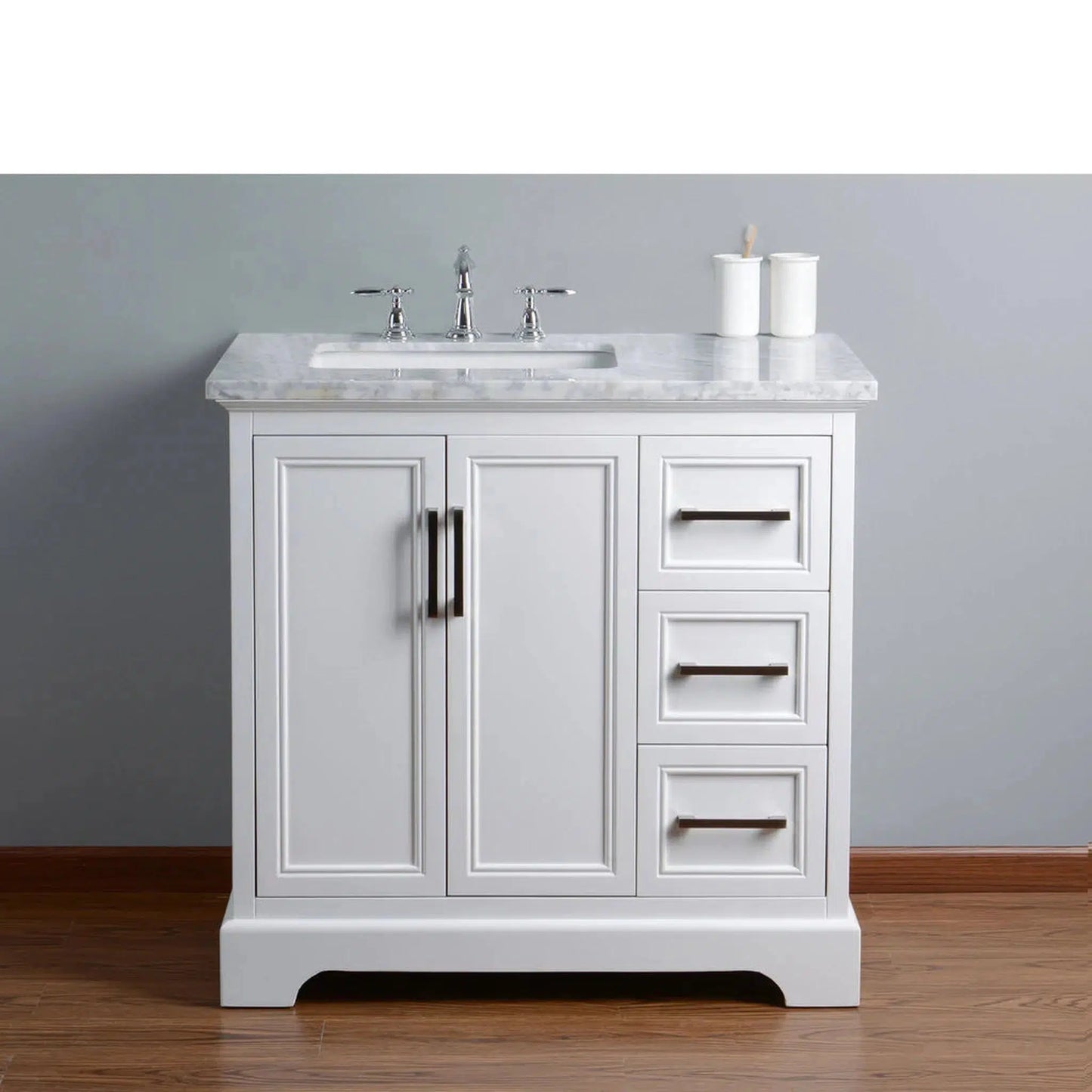 Stufurhome Ariane 36" White Marble Countertop Vanity Cabinet With Single Sink, 3 Drawers, 2 Doors and Widespread Faucet Holes