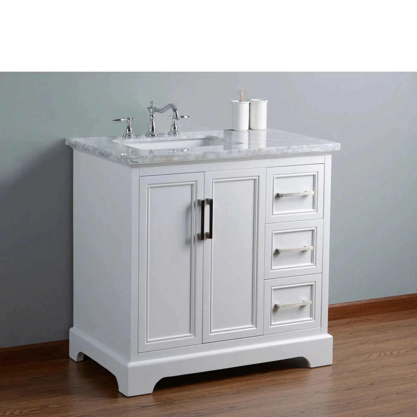 Stufurhome Ariane 36" White Marble Countertop Vanity Cabinet With Single Sink, 3 Drawers, 2 Doors and Widespread Faucet Holes