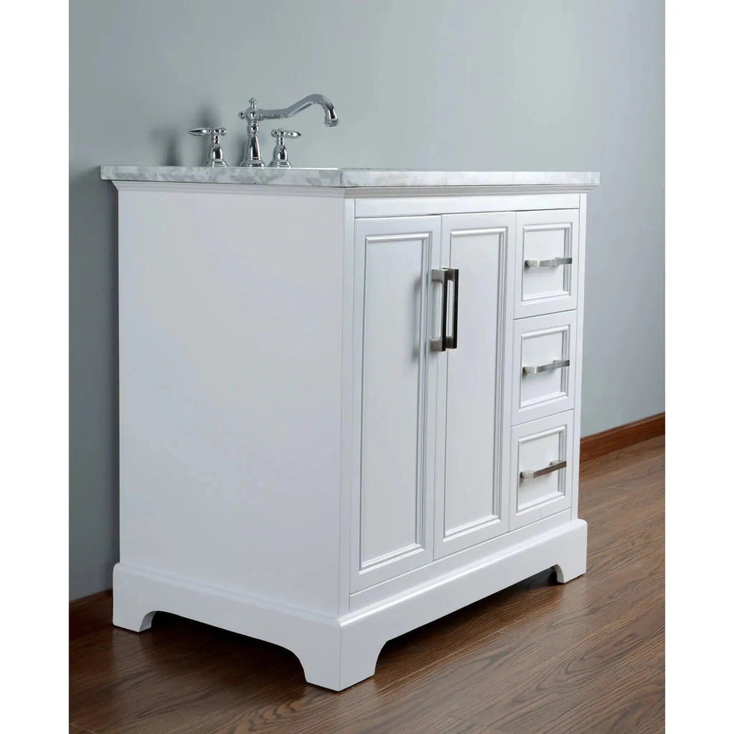 Stufurhome Ariane 36" White Marble Countertop Vanity Cabinet With Single Sink, 3 Drawers, 2 Doors and Widespread Faucet Holes