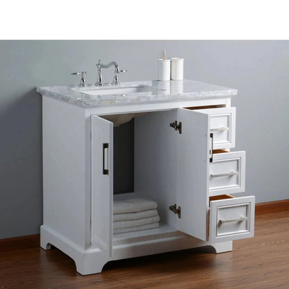 Stufurhome Ariane 36" White Marble Countertop Vanity Cabinet With Single Sink, 3 Drawers, 2 Doors and Widespread Faucet Holes