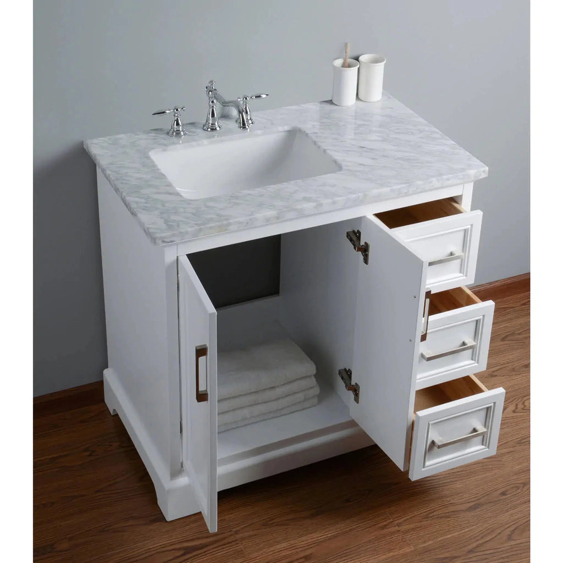 Stufurhome Ariane 36" White Marble Countertop Vanity Cabinet With Single Sink, 3 Drawers, 2 Doors and Widespread Faucet Holes