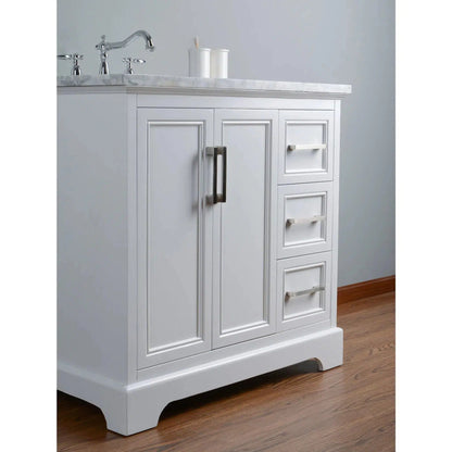 Stufurhome Ariane 36" White Marble Countertop Vanity Cabinet With Single Sink, 3 Drawers, 2 Doors and Widespread Faucet Holes