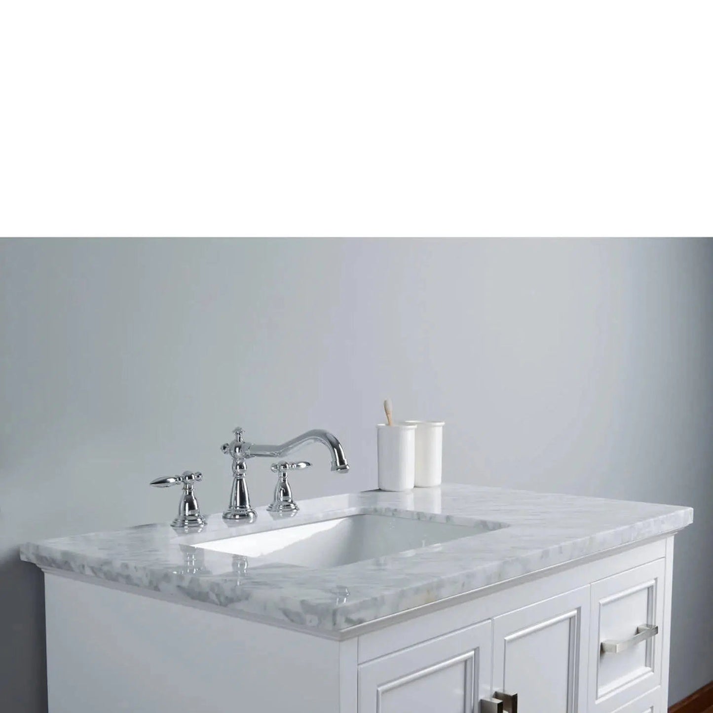 Stufurhome Ariane 36" White Marble Countertop Vanity Cabinet With Single Sink, 3 Drawers, 2 Doors and Widespread Faucet Holes