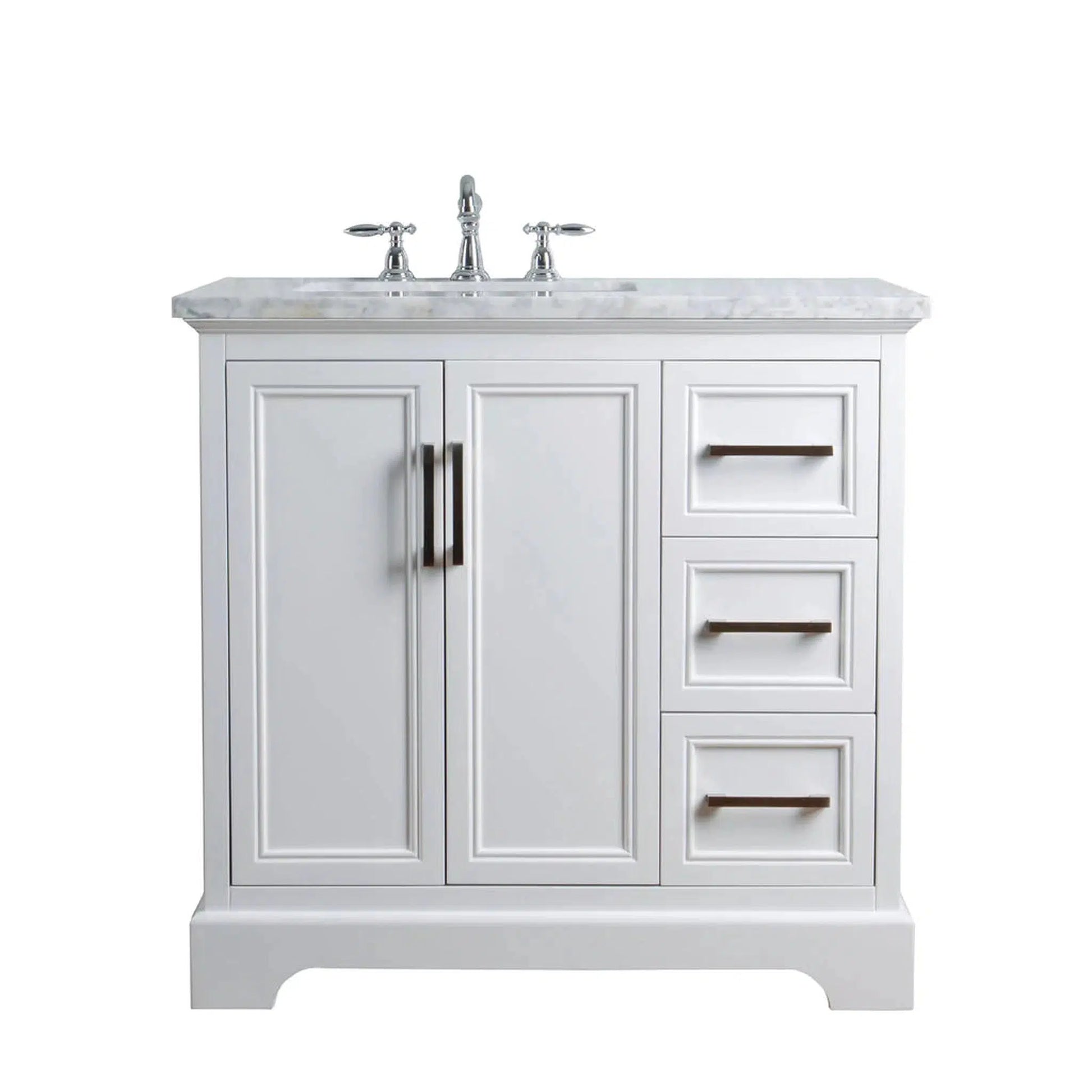 Stufurhome Ariane 36" White Marble Countertop Vanity Cabinet With Single Sink, 3 Drawers, 2 Doors and Widespread Faucet Holes