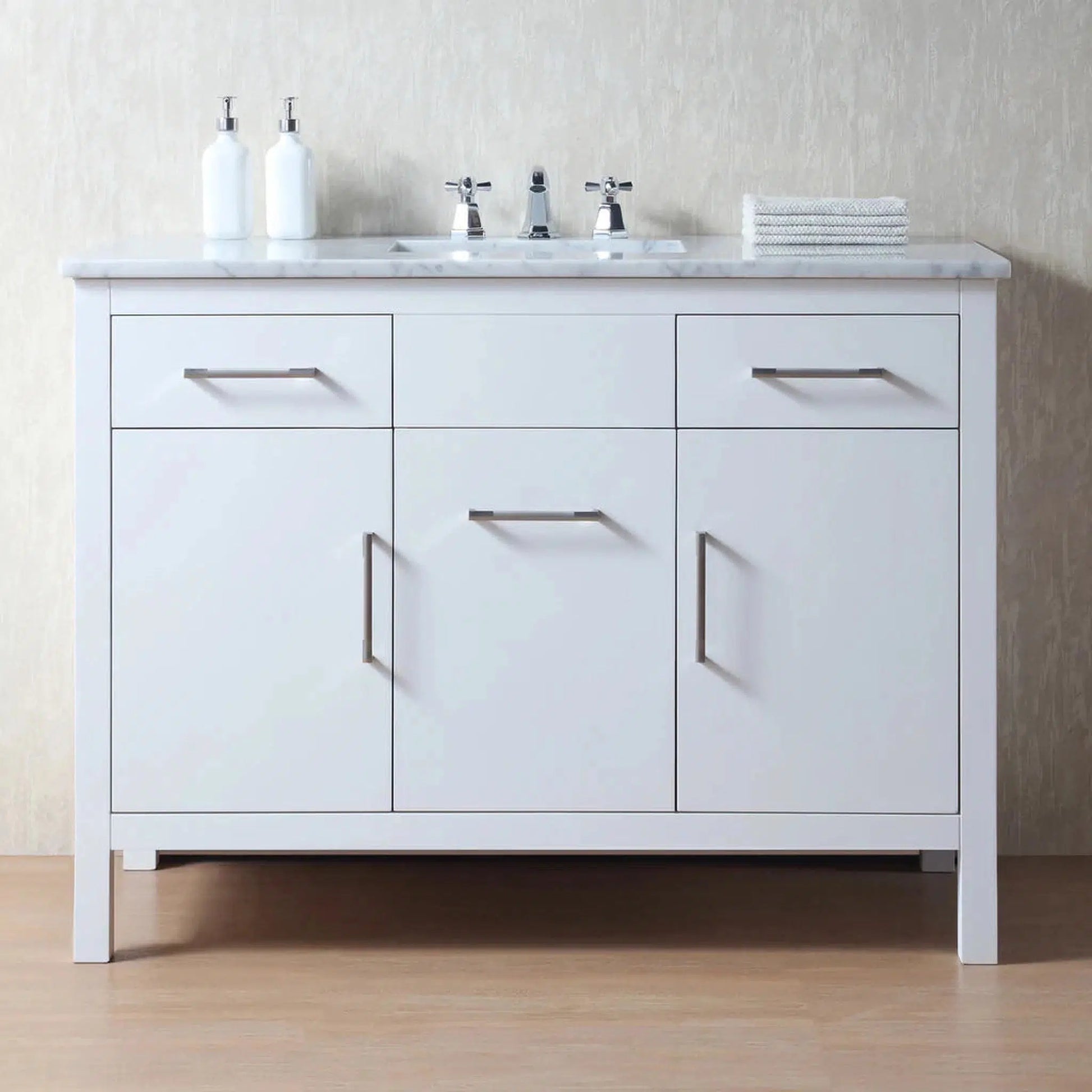 Stufurhome Atreus 48" White Single Sink Bathroom Vanity with Carrara Marble Top, 2 Drawers, 3 Doors and Widespread Faucet Holes