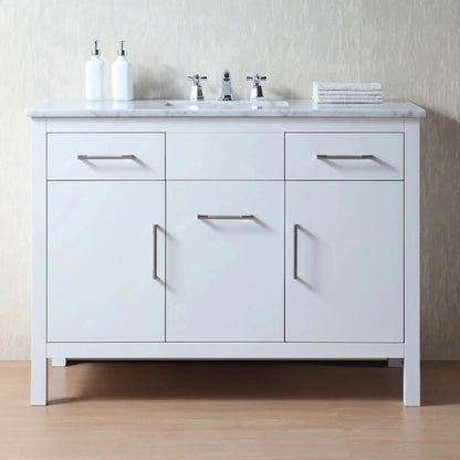 Stufurhome Atreus 48" White Single Sink Bathroom Vanity with Carrara Marble Top, 2 Drawers, 3 Doors and Widespread Faucet Holes