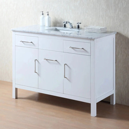Stufurhome Atreus 48" White Single Sink Bathroom Vanity with Carrara Marble Top, 2 Drawers, 3 Doors and Widespread Faucet Holes