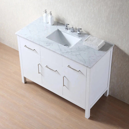 Stufurhome Atreus 48" White Single Sink Bathroom Vanity with Carrara Marble Top, 2 Drawers, 3 Doors and Widespread Faucet Holes