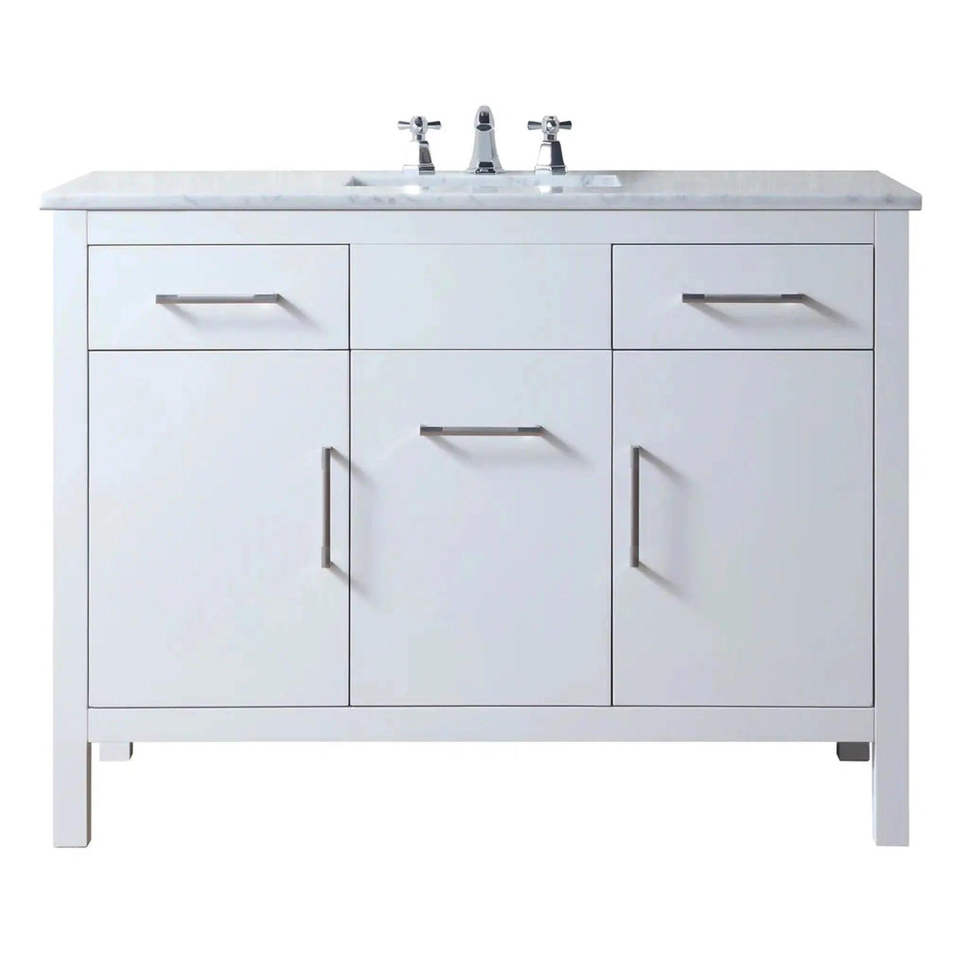 Stufurhome Atreus 48" White Single Sink Bathroom Vanity with Carrara Marble Top, 2 Drawers, 3 Doors and Widespread Faucet Holes