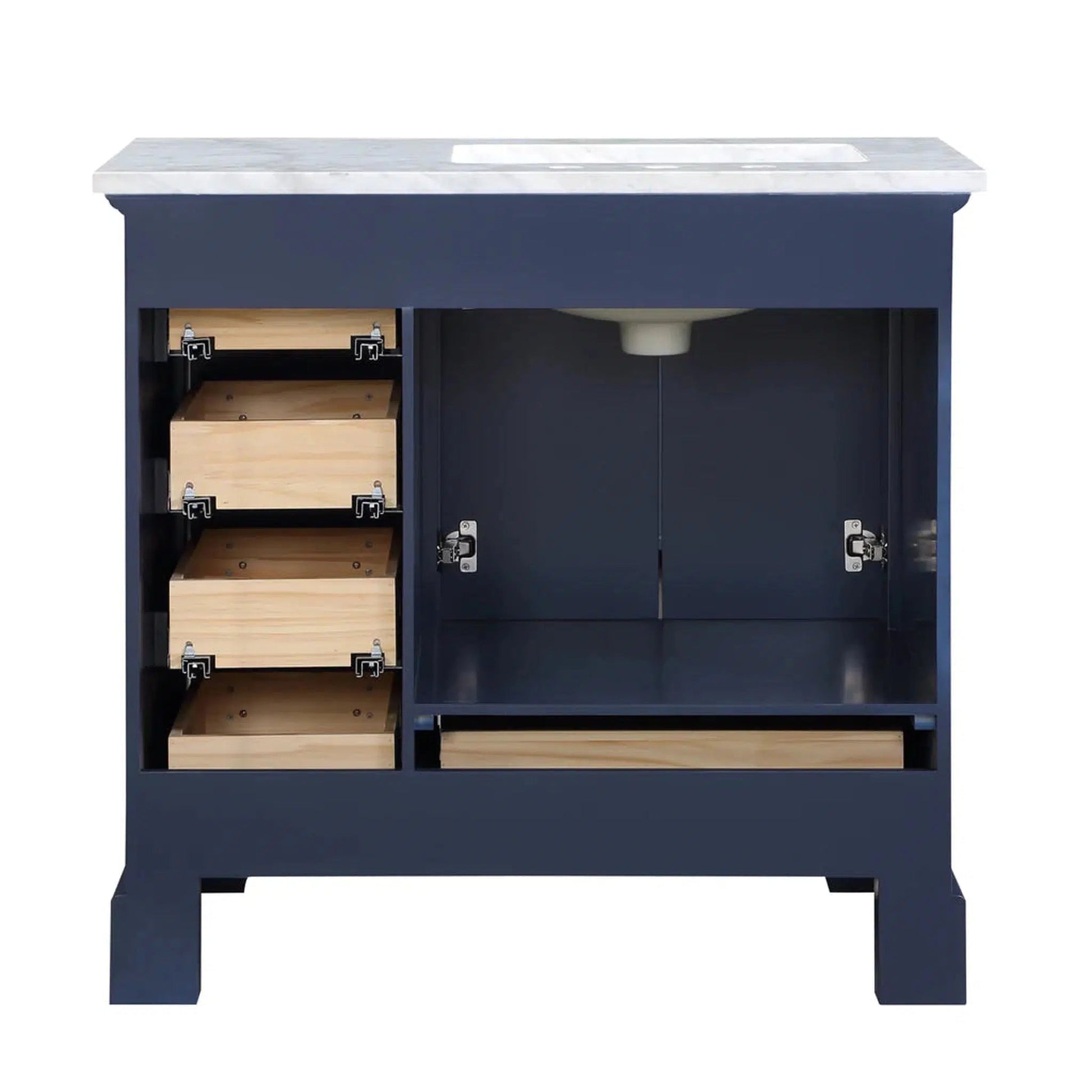 Stufurhome Brittany 36" Dark Blue Freestanding Bathroom Vanity with Single Sink, Wood Framed Mirror, 5 Drawers, 1 Door and Widespread Faucet Holes