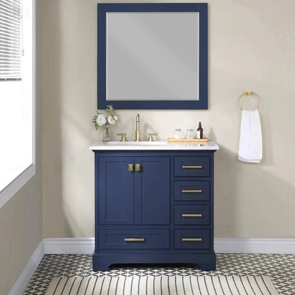 Stufurhome Brittany 36" Dark Blue Freestanding Bathroom Vanity with Single Sink, Wood Framed Mirror, 5 Drawers, 1 Door and Widespread Faucet Holes
