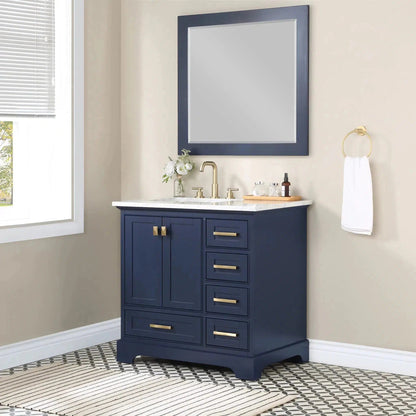 Stufurhome Brittany 36" Dark Blue Freestanding Bathroom Vanity with Single Sink, Wood Framed Mirror, 5 Drawers, 1 Door and Widespread Faucet Holes