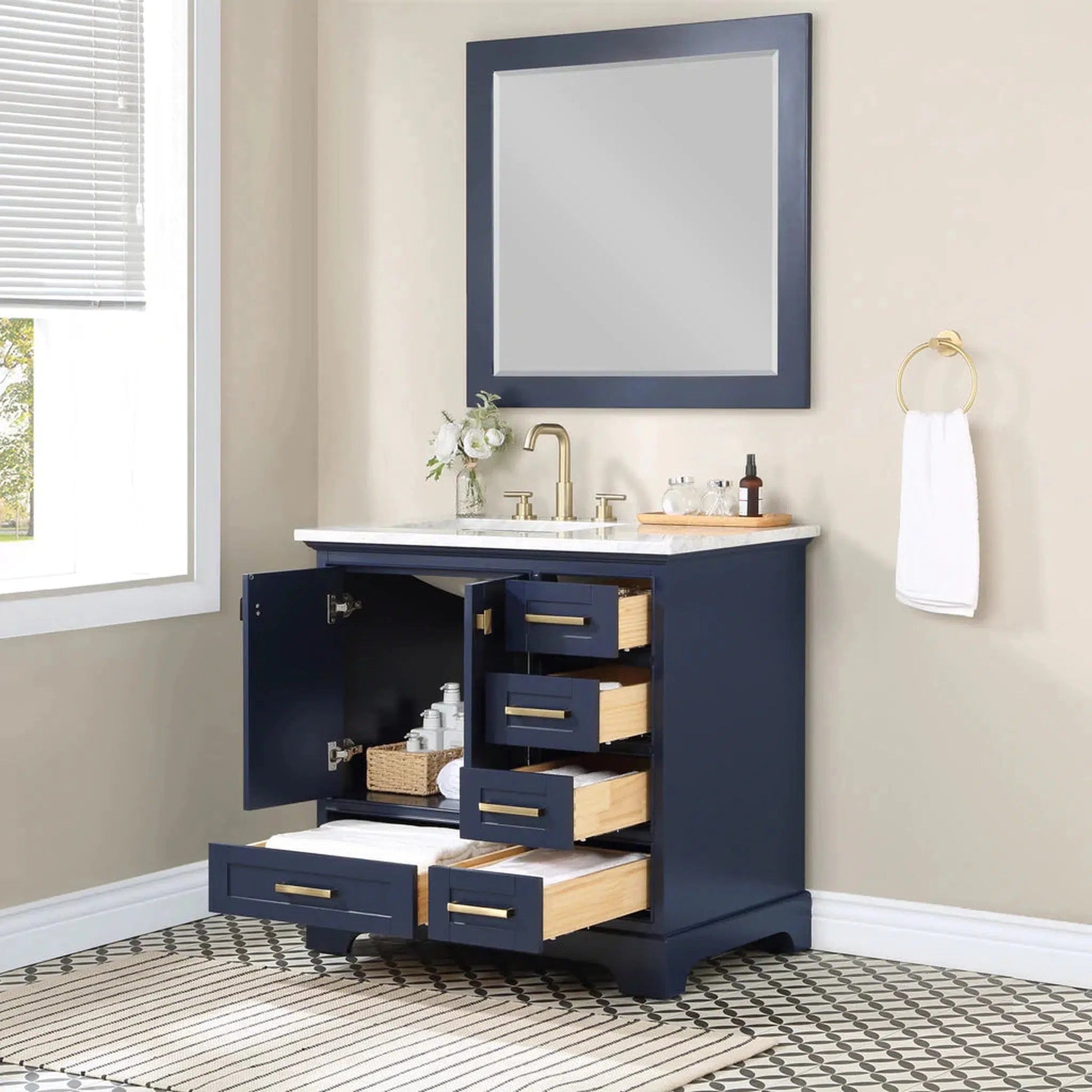 Stufurhome Brittany 36" Dark Blue Freestanding Bathroom Vanity with Single Sink, Wood Framed Mirror, 5 Drawers, 1 Door and Widespread Faucet Holes